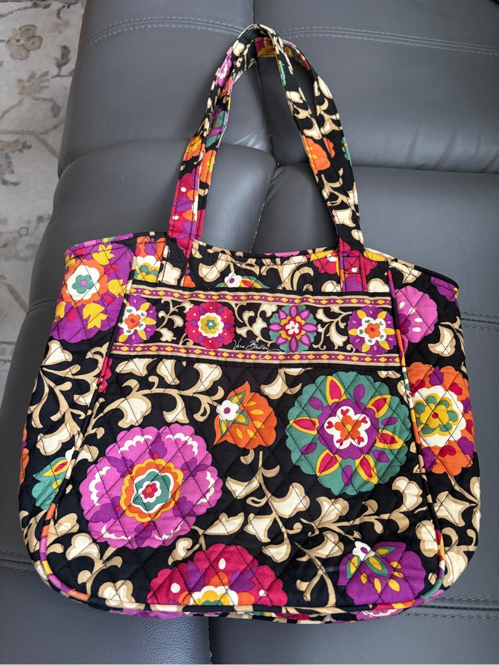 Vera Bradley Black Quilted Tote with Multicolor Floral Medallions